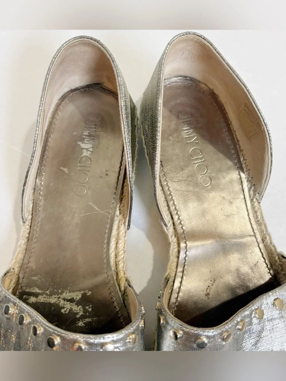 Jimmy Choo Dreya Gold Metallic Lame Espadrille Flats Size 39.5 US 9.5 Studded